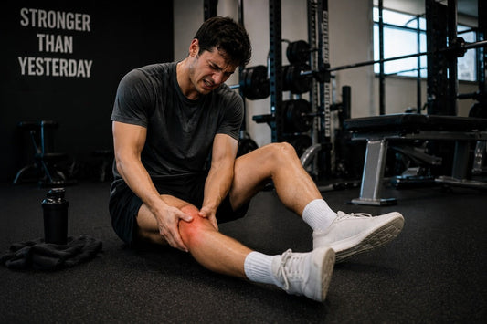 Man in gym with weights massaging a sore muscle
