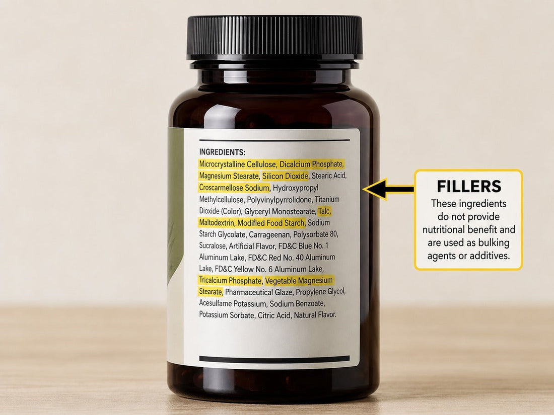 Herbal supplement bottle with fillers marked