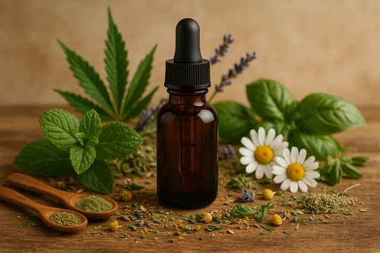 Full-spectrum CBD oil surrounded by other herbs and flowers