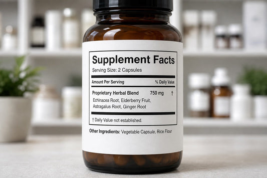 Herbal supplement label featuring a proprietary blend